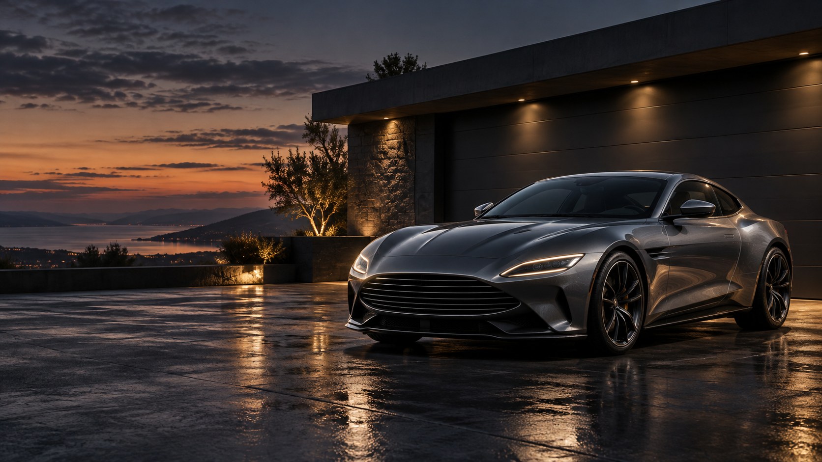 Silver grand touring coupe outside a contemporary private garage